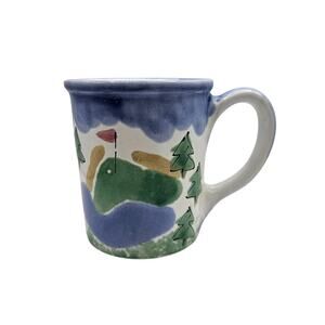Studio Pottery Hand Painted Golf Course Golfing Signed Ceramic Coffee Mug